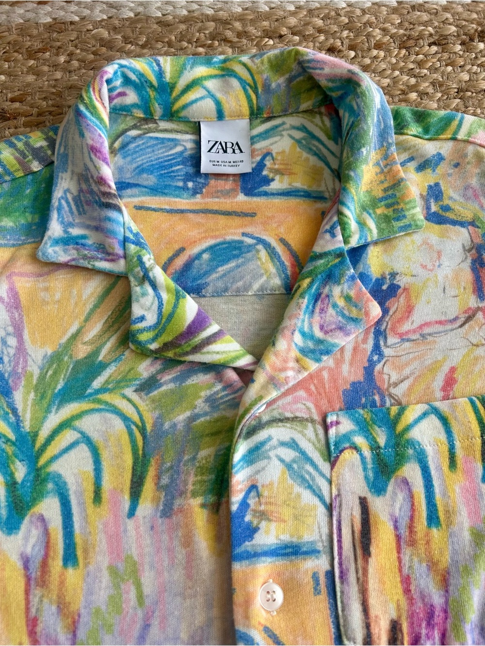 ZARA French Terry Palm Print Short-Sleeve Shirt Button Down